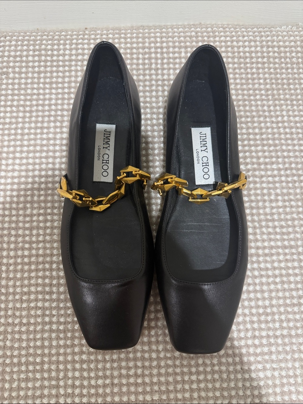 Jimmy Choo Black Leather Flats with Gold Chain Accent